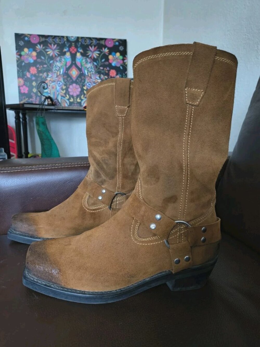 Brothers And Sons Roughout Suede Harness Boots, Burnished Toe, Brown, Size 12